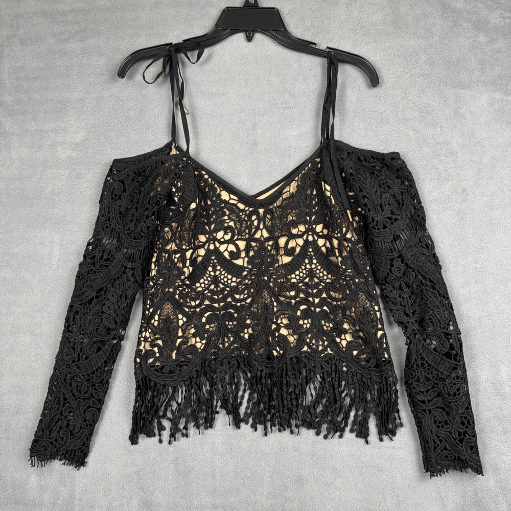 Saylor Black Guipure Lace Cold Shoulder Fringe Top Small Tan Lining Boho Evening